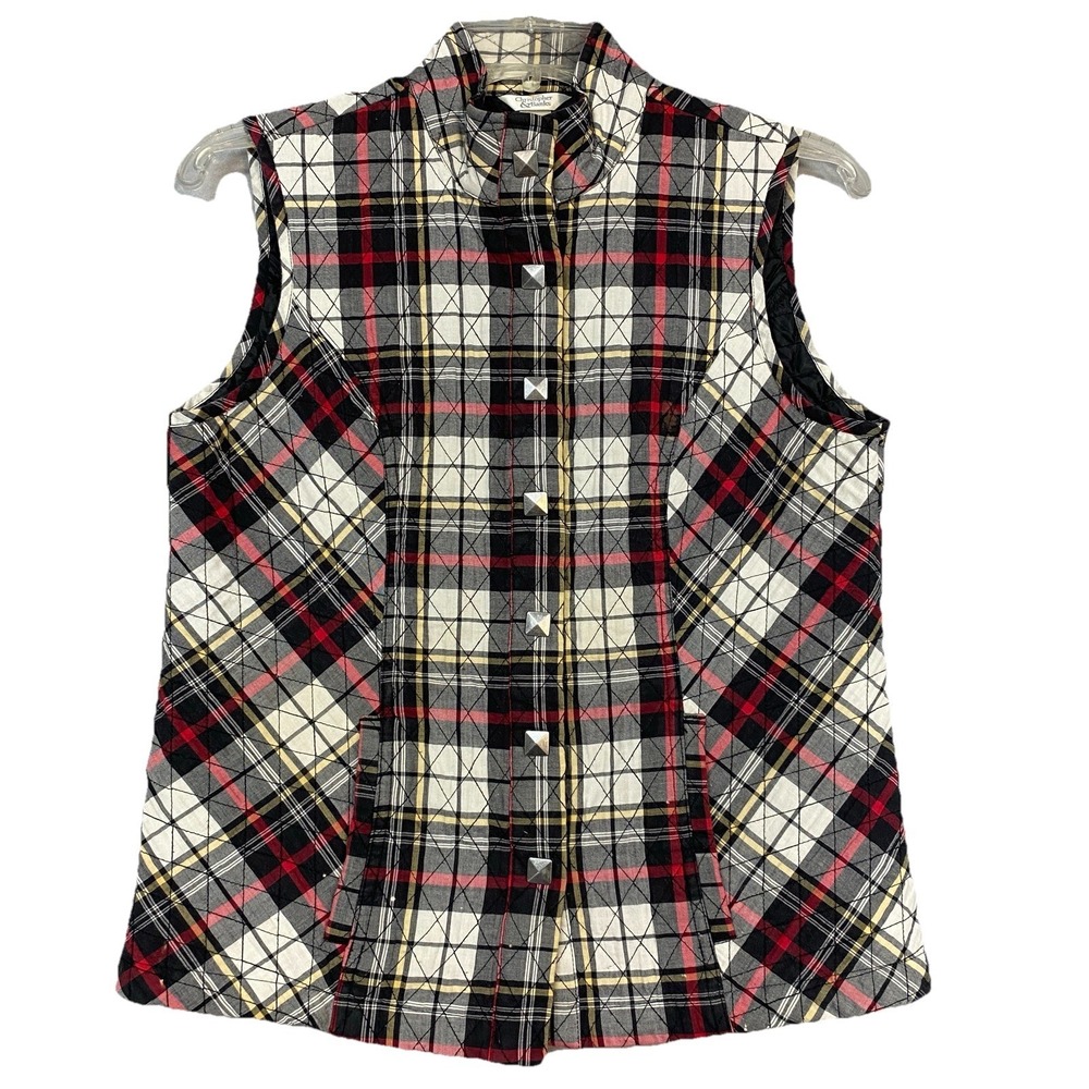 Christopher & Banks Women S Vest Plaid Snap Front Pockets Red White Black Preppy
